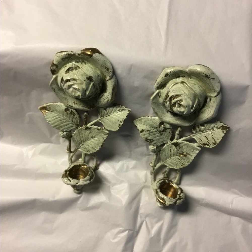 Set of wall rose candle holders.Green&copper color